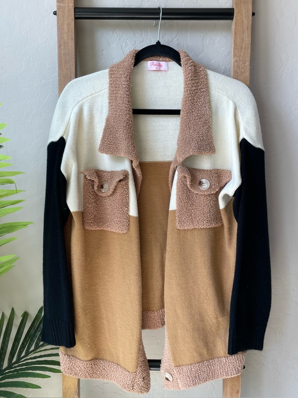 Pink Lily Colorblock Open Front Cardigan - Cream, Camel & Black